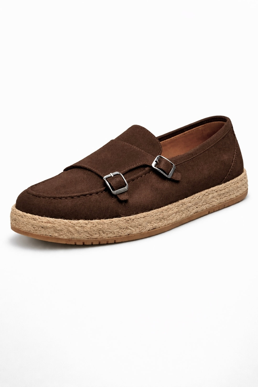 Kahve Hakiki Süet Deri Hasır Kaplama Tabanlı Double Monk Strap