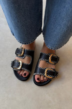 Women's Double Buckle Slippers with Contrast Stitching - Black