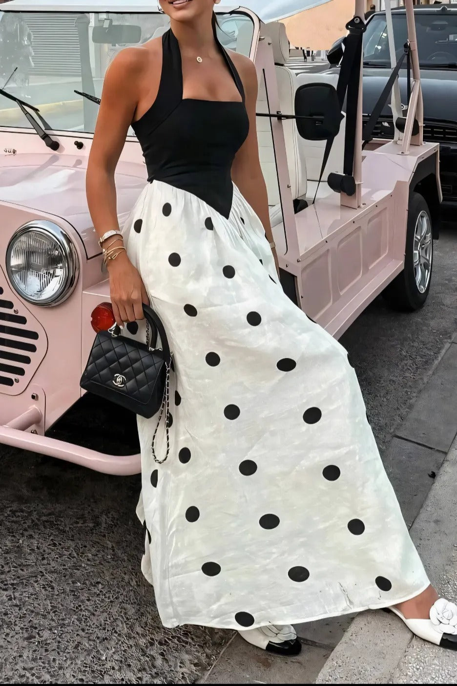 Marcelline Polka Dot Halter Maxi Dress – Black & White