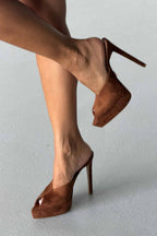 Vespera Platform Peep-Toe Mule Heels – Black Suede