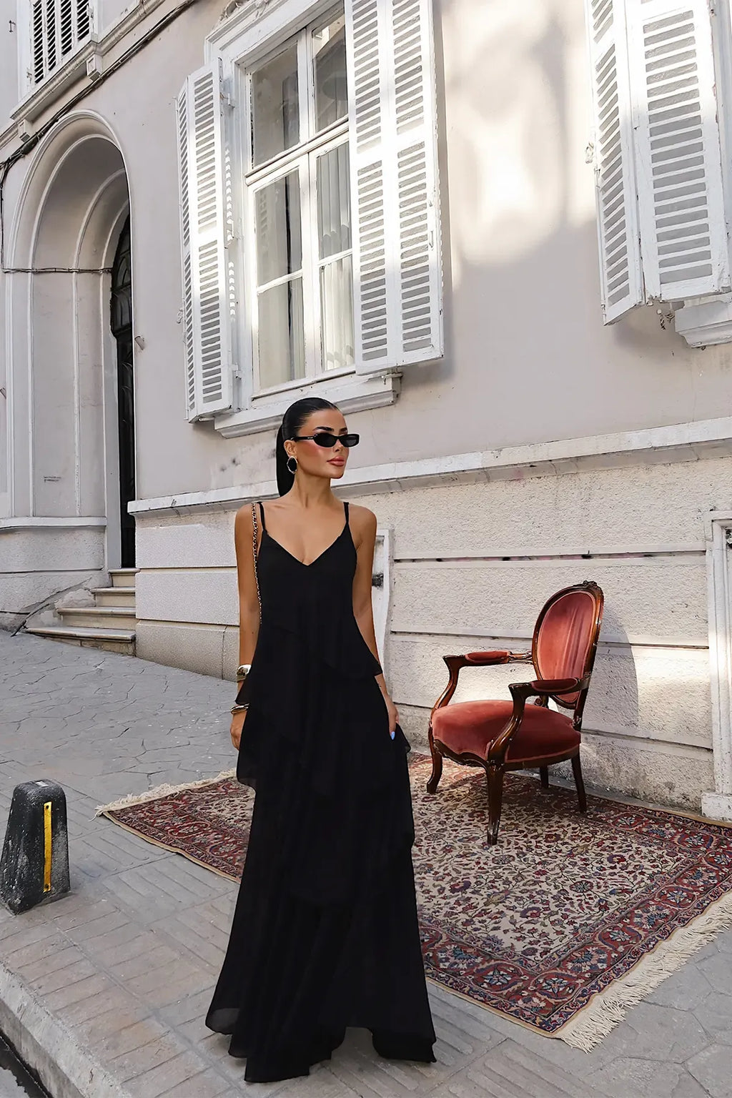 Liorenne Layered Chiffon Maxi Dress – Black
