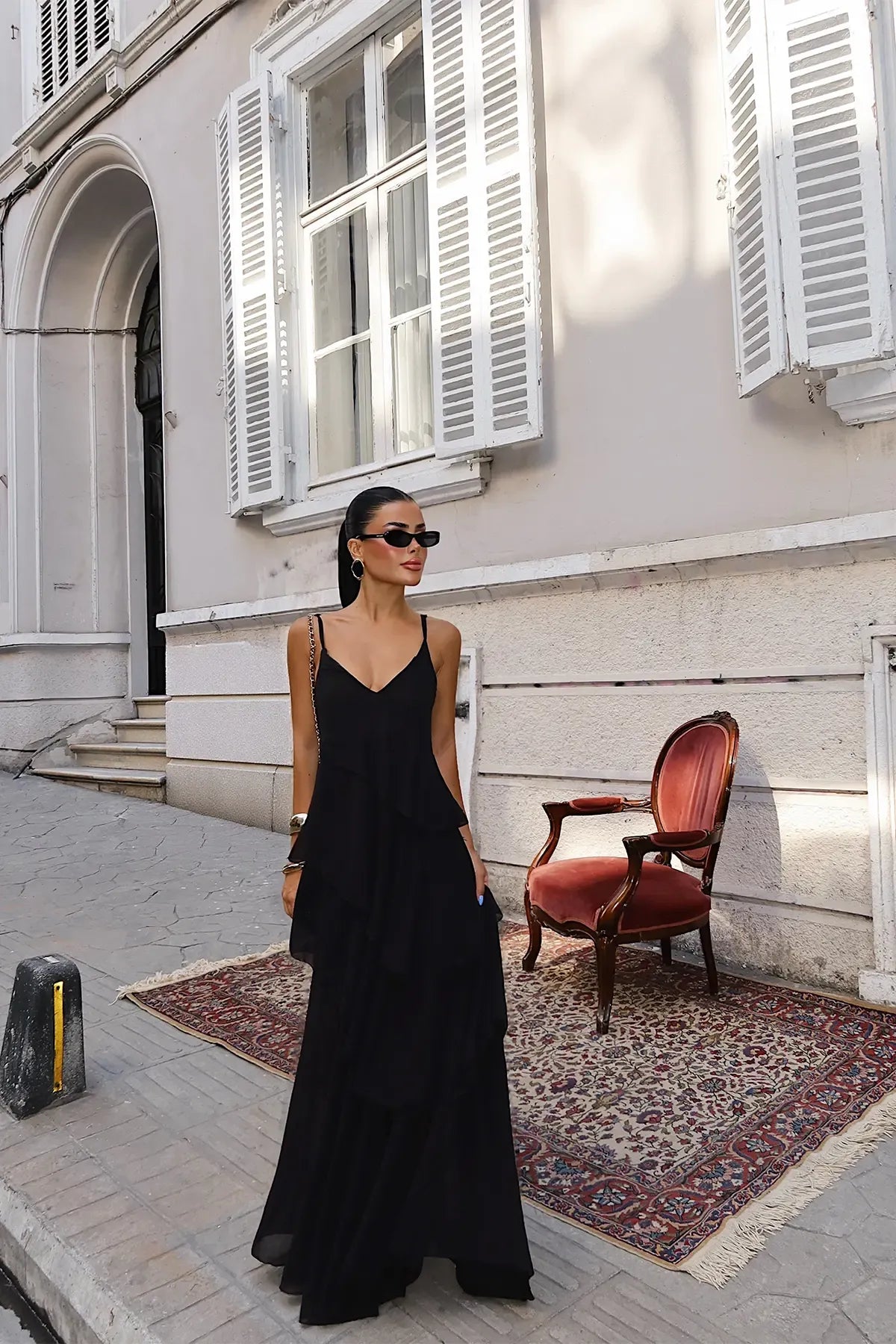 Liorenne Layered Chiffon Maxi Dress – Black
