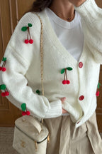 Cherrique Cherry Appliqué Button-Up Cardigan