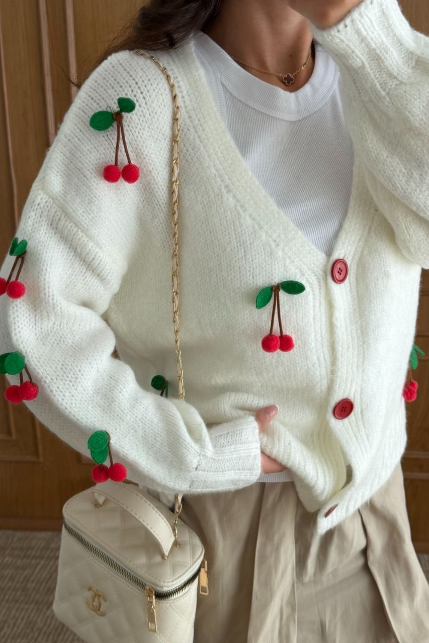 Cherrique Cherry Appliqué Button-Up Cardigan