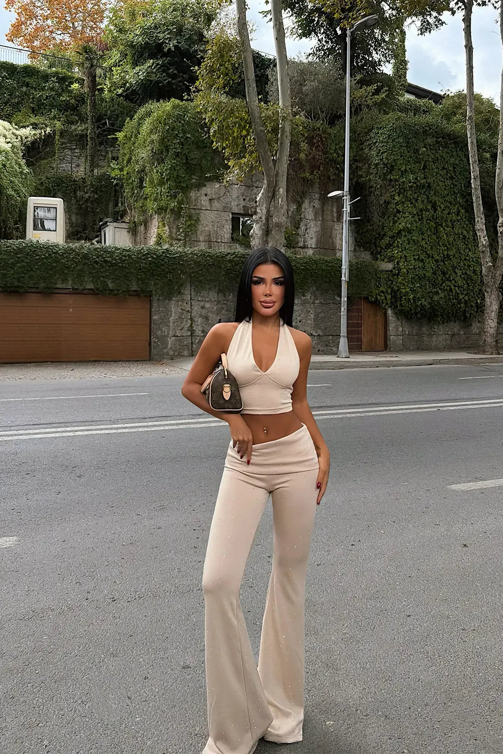 Amina Stone-Detail Flare Pants Set – White