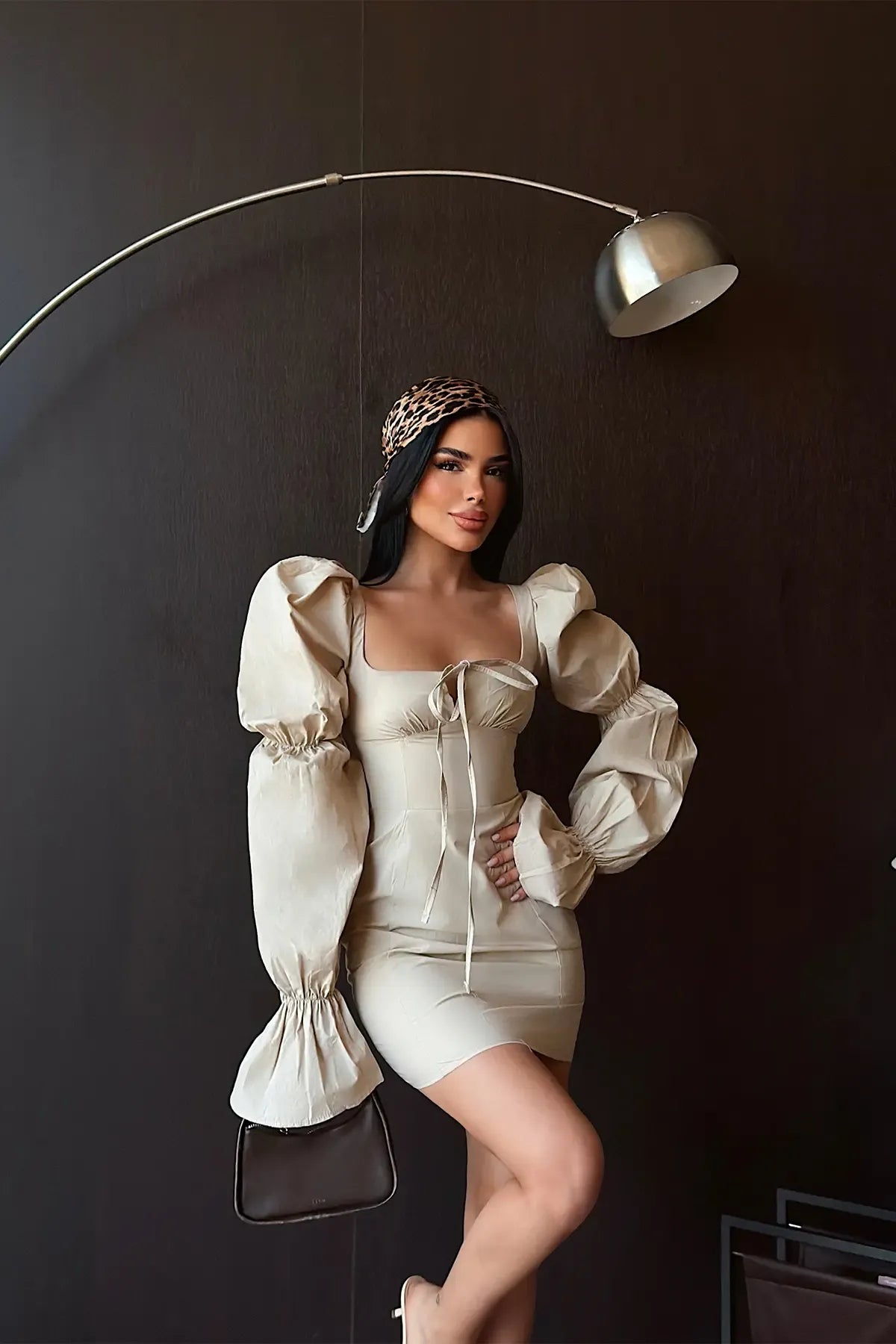 Tavira Tie-Up Puff Sleeve Mini Dress – Beige
