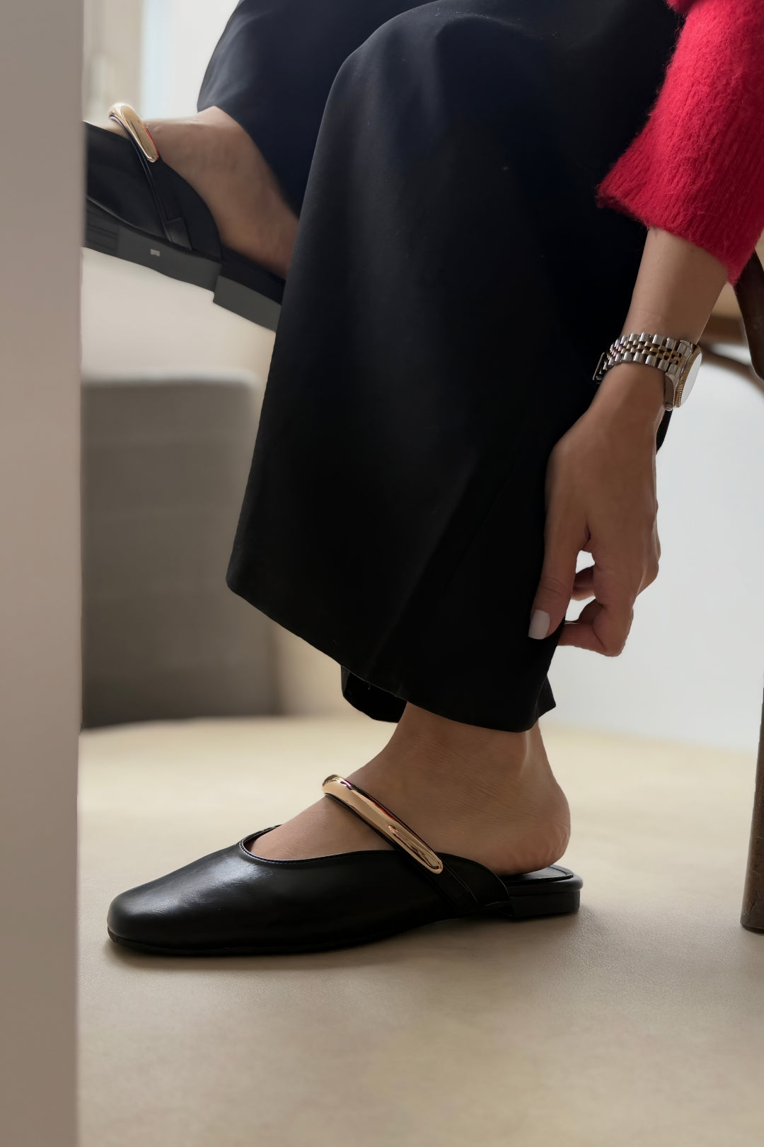 Black Gold Detailed Square Toe Elegant Women's Slippers