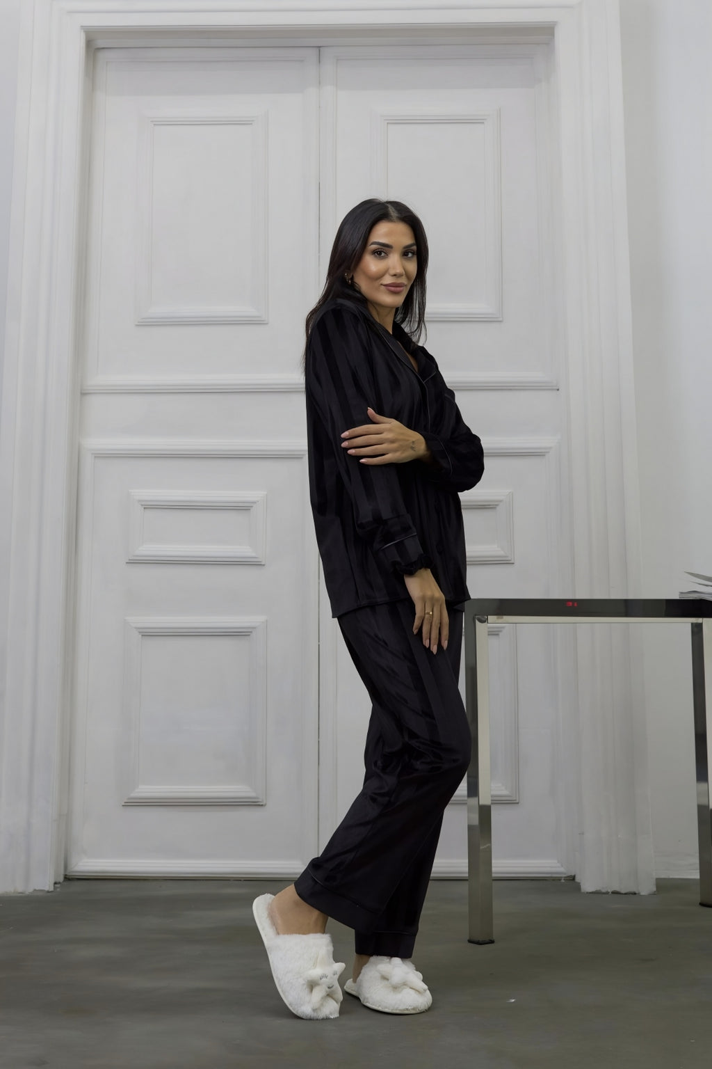 Estelle Striped Velvet Pajama Set — Red