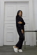 Estelle Striped Velvet Pajama Set — Red