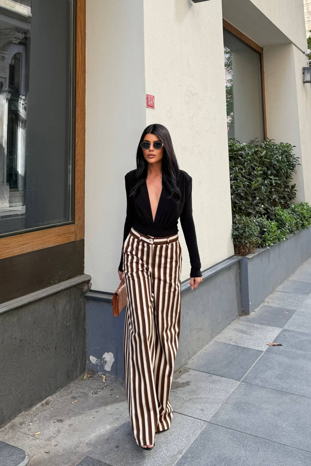 Daven Striped Wide-Leg Trousers – Brown