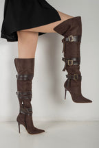 Ravelle Buckle Over-the-Knee Stiletto Boots – Tan Suede