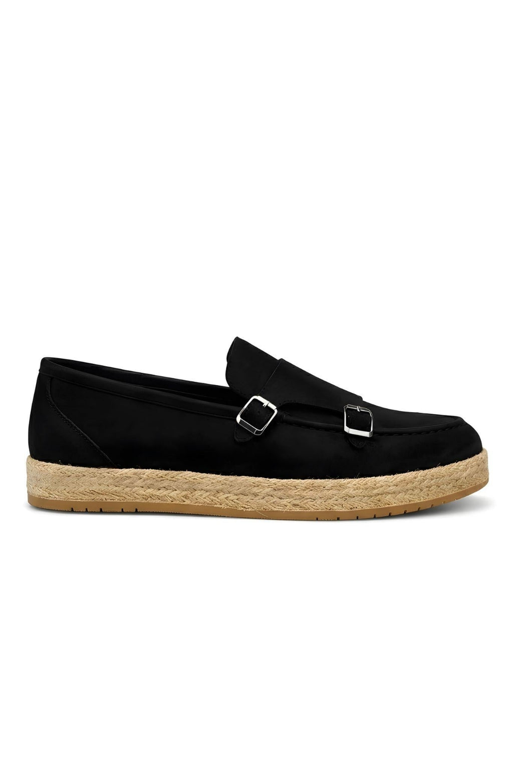 Black Genuine Suede Leather Double Monk Strap with Woven Sole