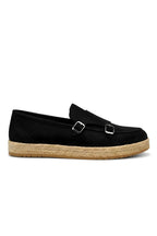 Black Genuine Suede Leather Double Monk Strap with Woven Sole