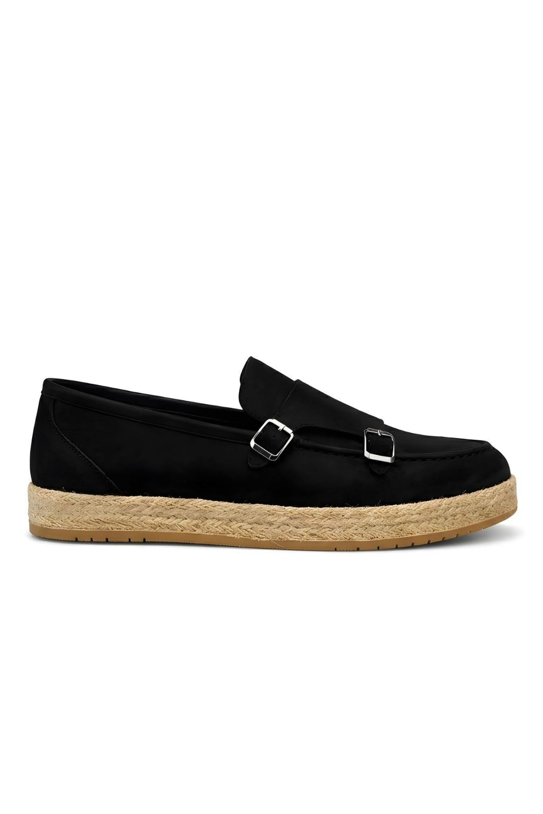 Siyah Hakiki Süet Deri Hasır Kaplama Tabanlı Double Monk Strap