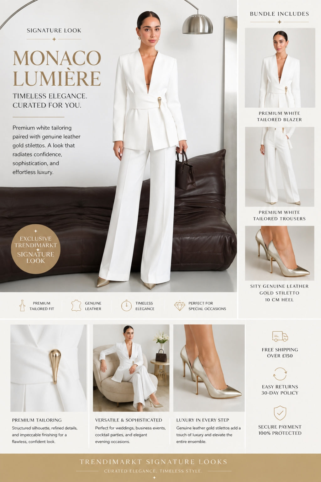 Monaco Lumière Signature Look – Premium White Tailored Suit & Sity Genuine Leather Gold Stiletto Bundle