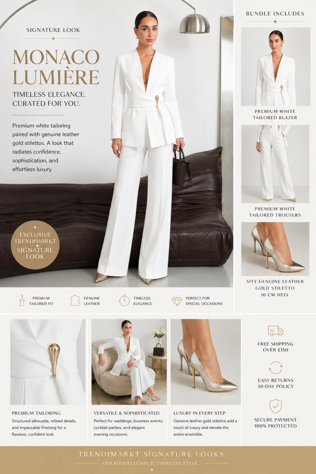 Monaco Lumière Signature Look – Premium White Tailored Suit & Sity Genuine Leather Gold Stiletto Bundle