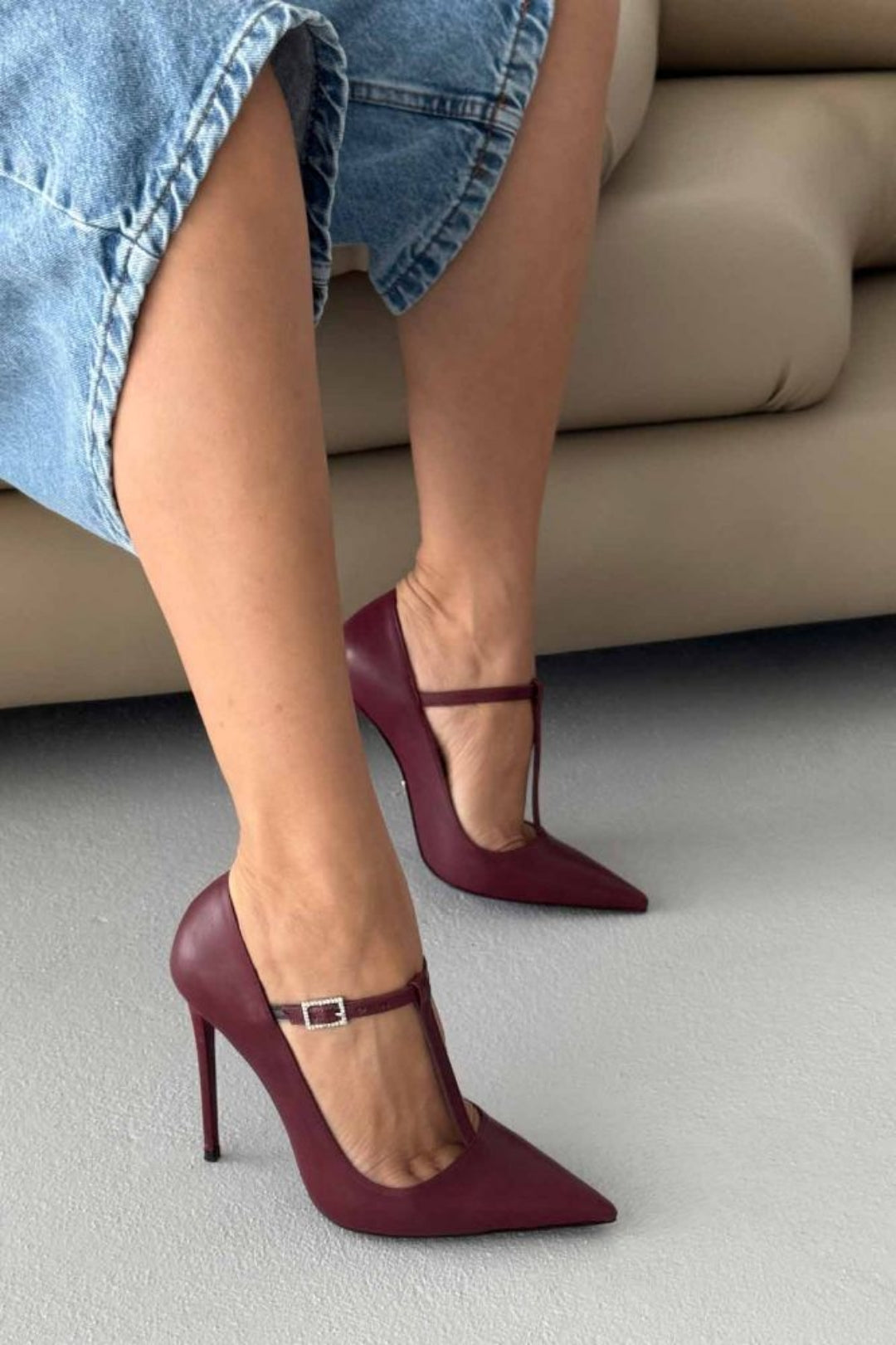 Vanessa Burgundy T-Strap Crystal Buckle Stiletto Pumps – 12 CM Heel