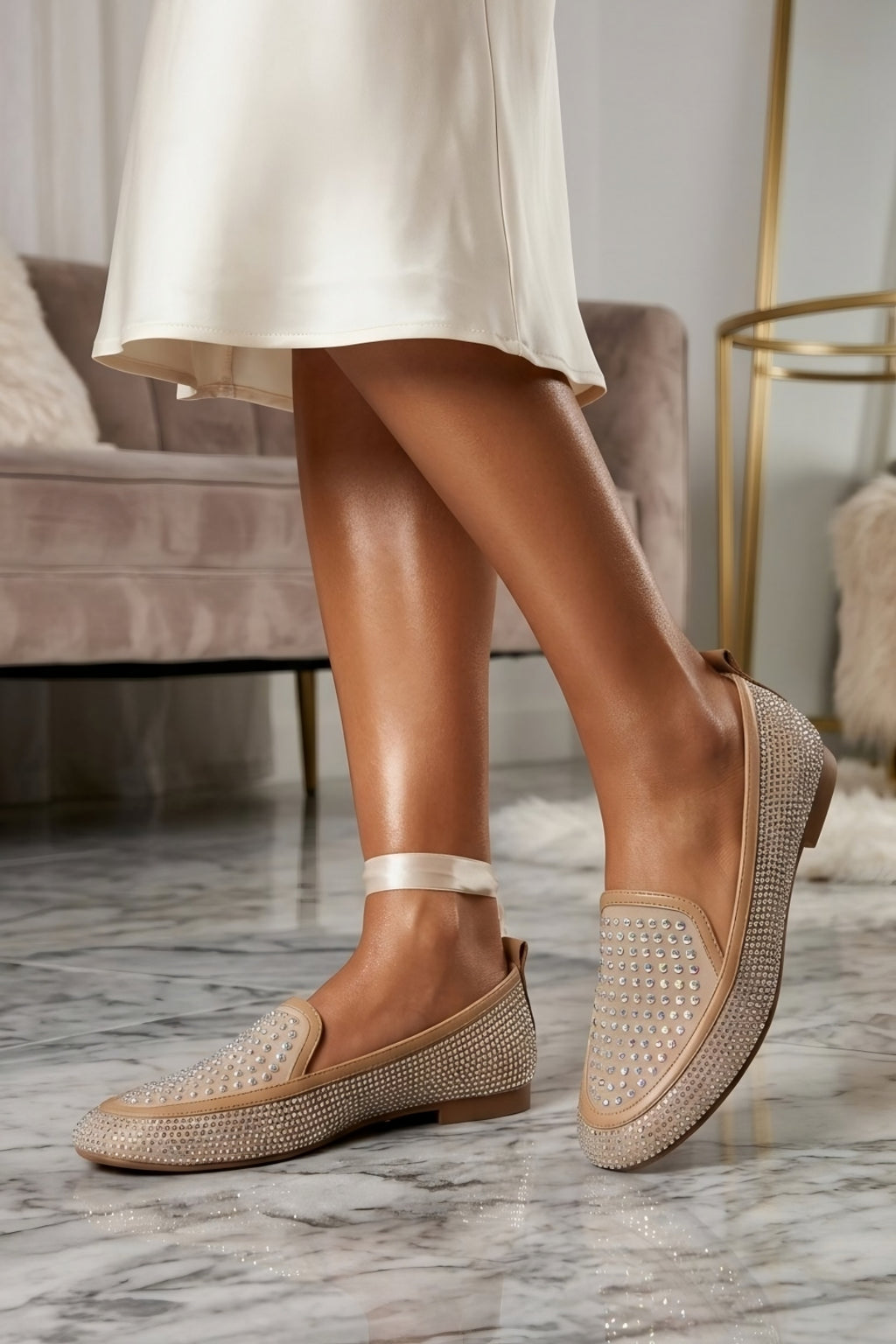 Crystal Flat Embellished Beige Ballerinas
