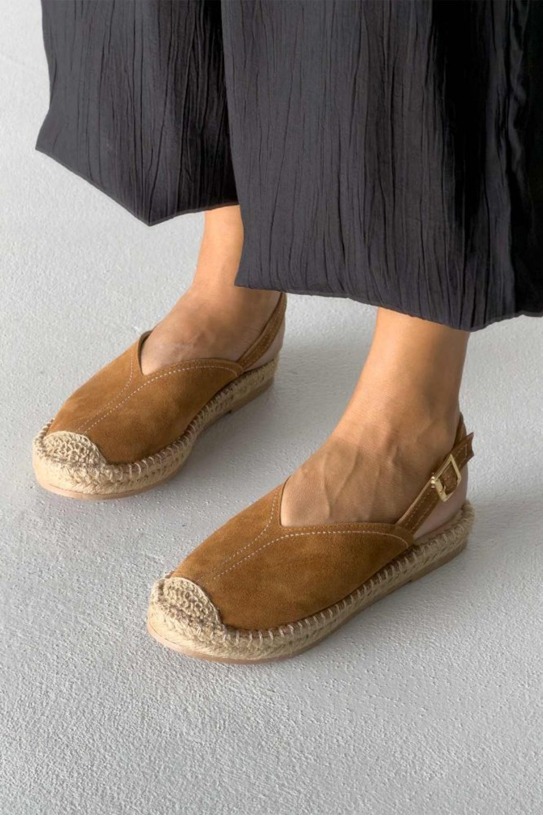 Heidi – Genuine Suede Leather Espadrille Slingback Flats – Sand