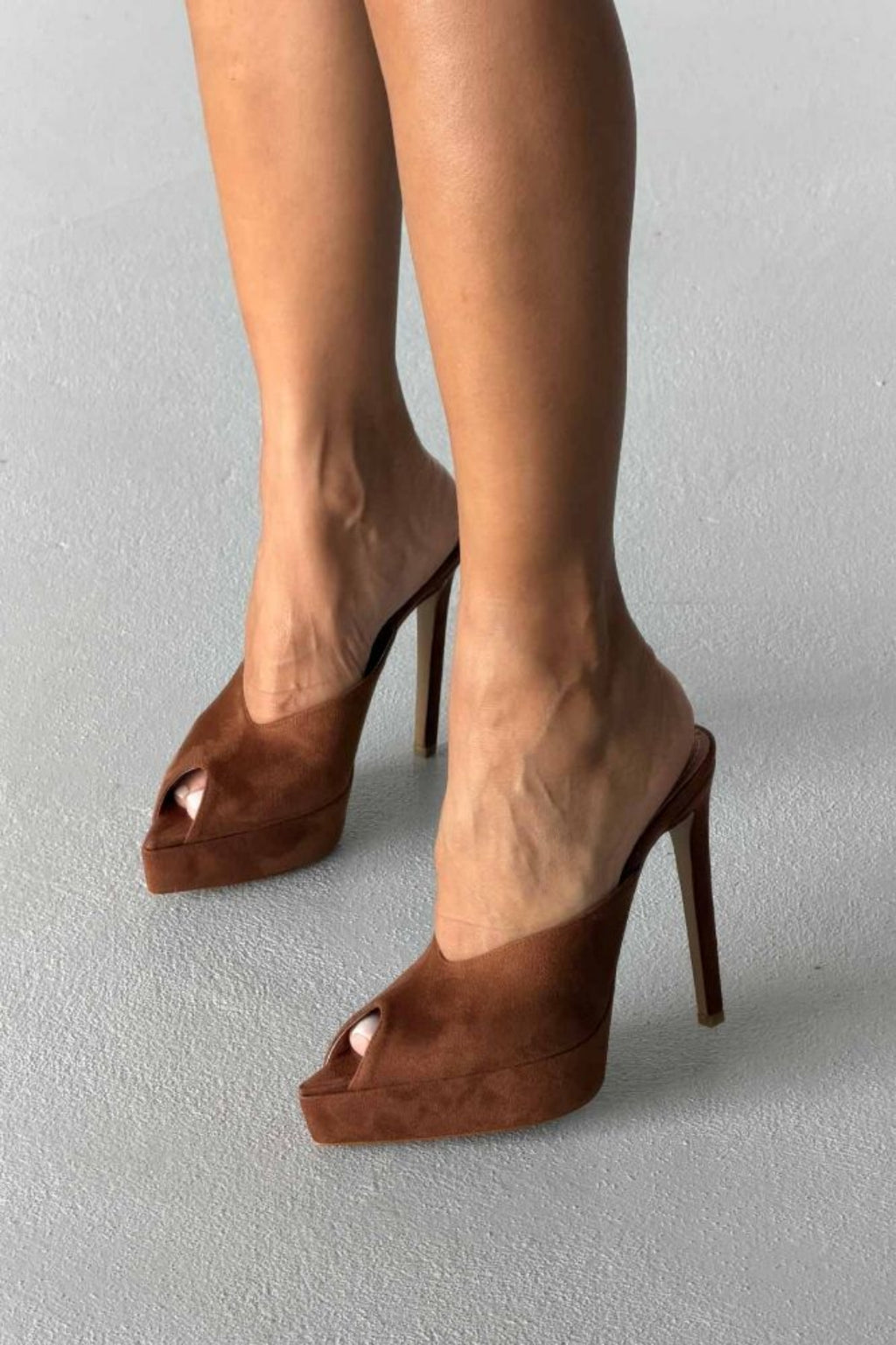 Vespera Platform Peep-Toe Mule Heels – Black Suede