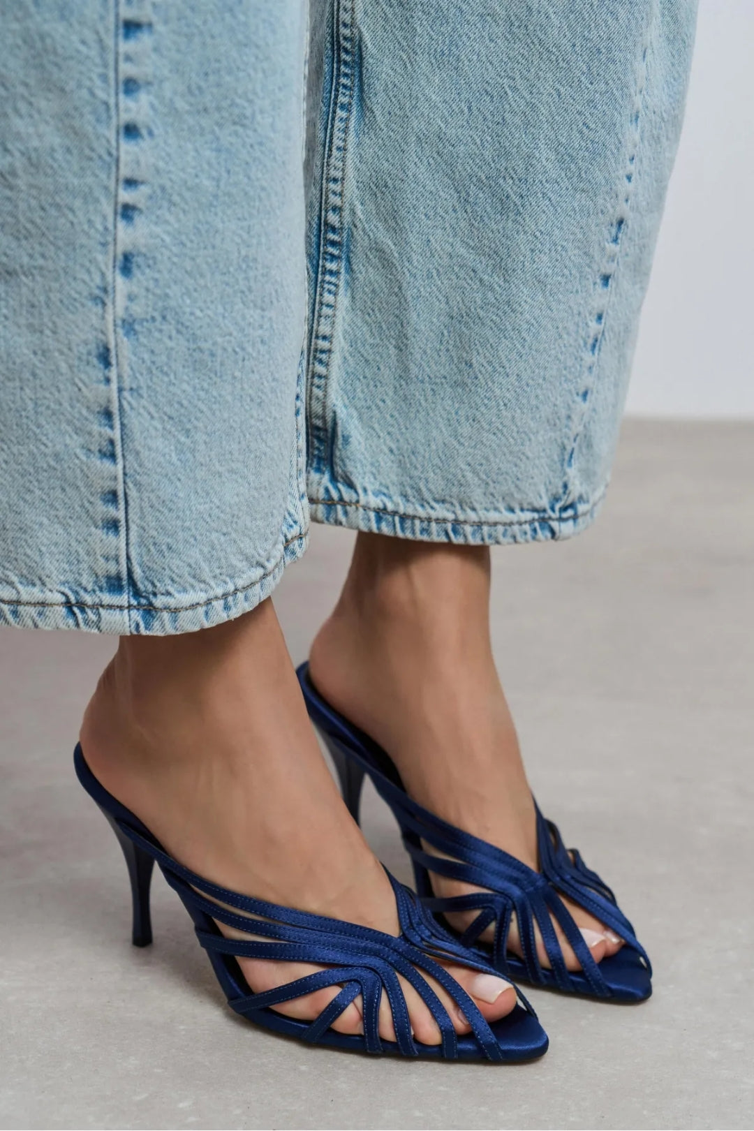 Seraphina Satin Cage-Strap Open-Toe Heeled Mule – Navy Satin