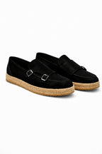Black Genuine Suede Leather Double Monk Strap with Woven Sole