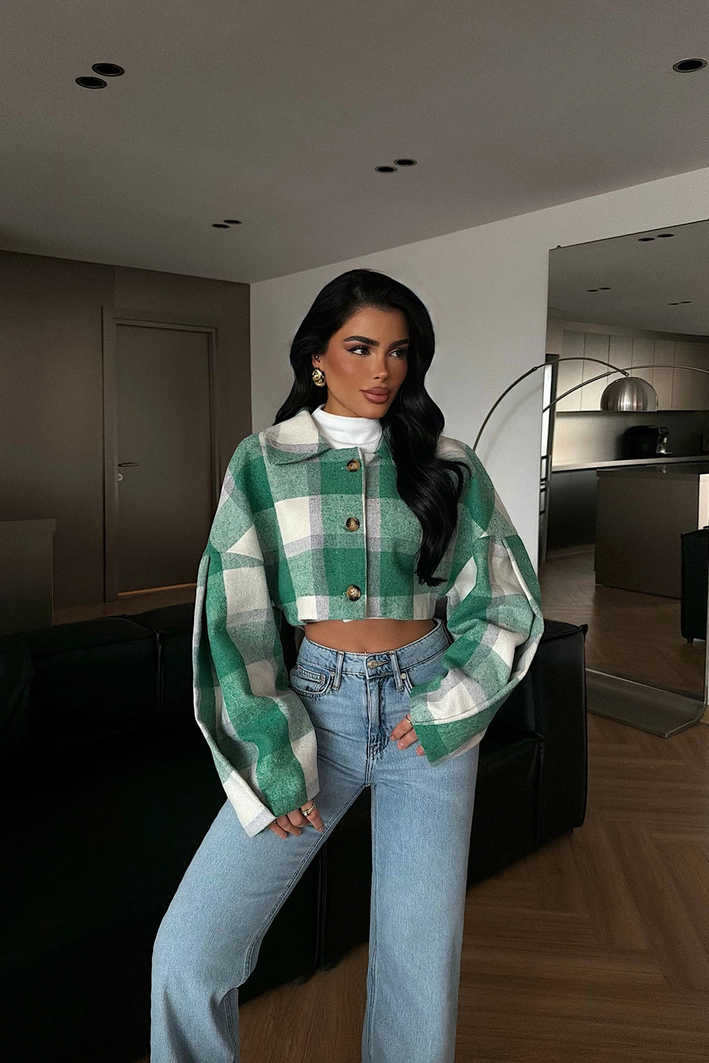 Avenelle Plaid Cropped Jacket – Green