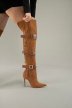 Ravelle Buckle Over-the-Knee Stiletto Boots – Tan Suede