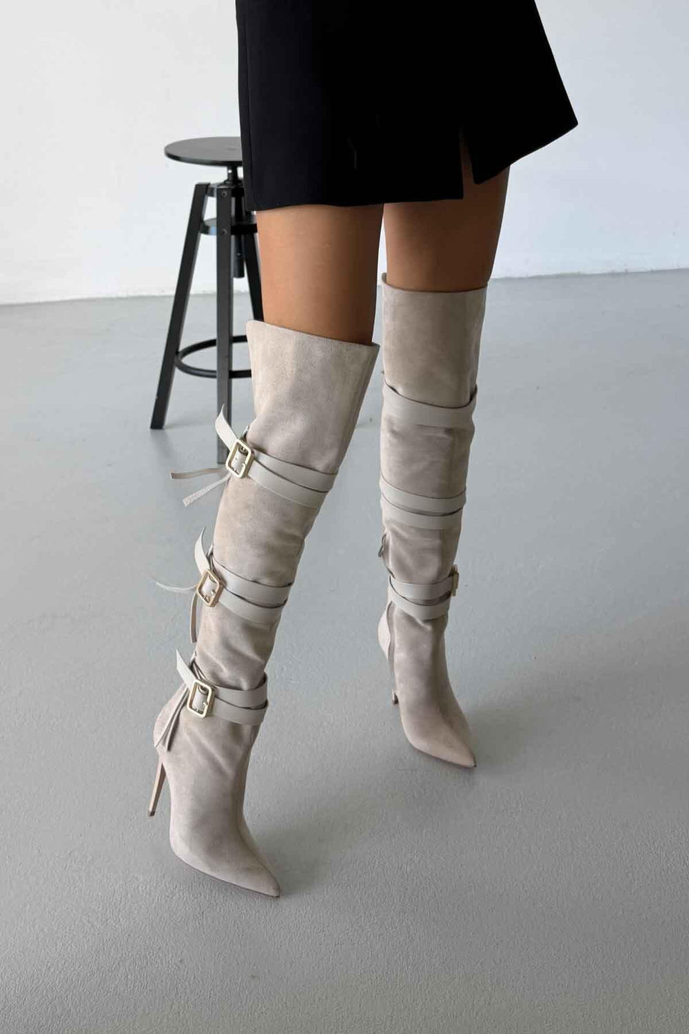 Ravelle Buckle Over-the-Knee Stiletto Boots – Tan Suede