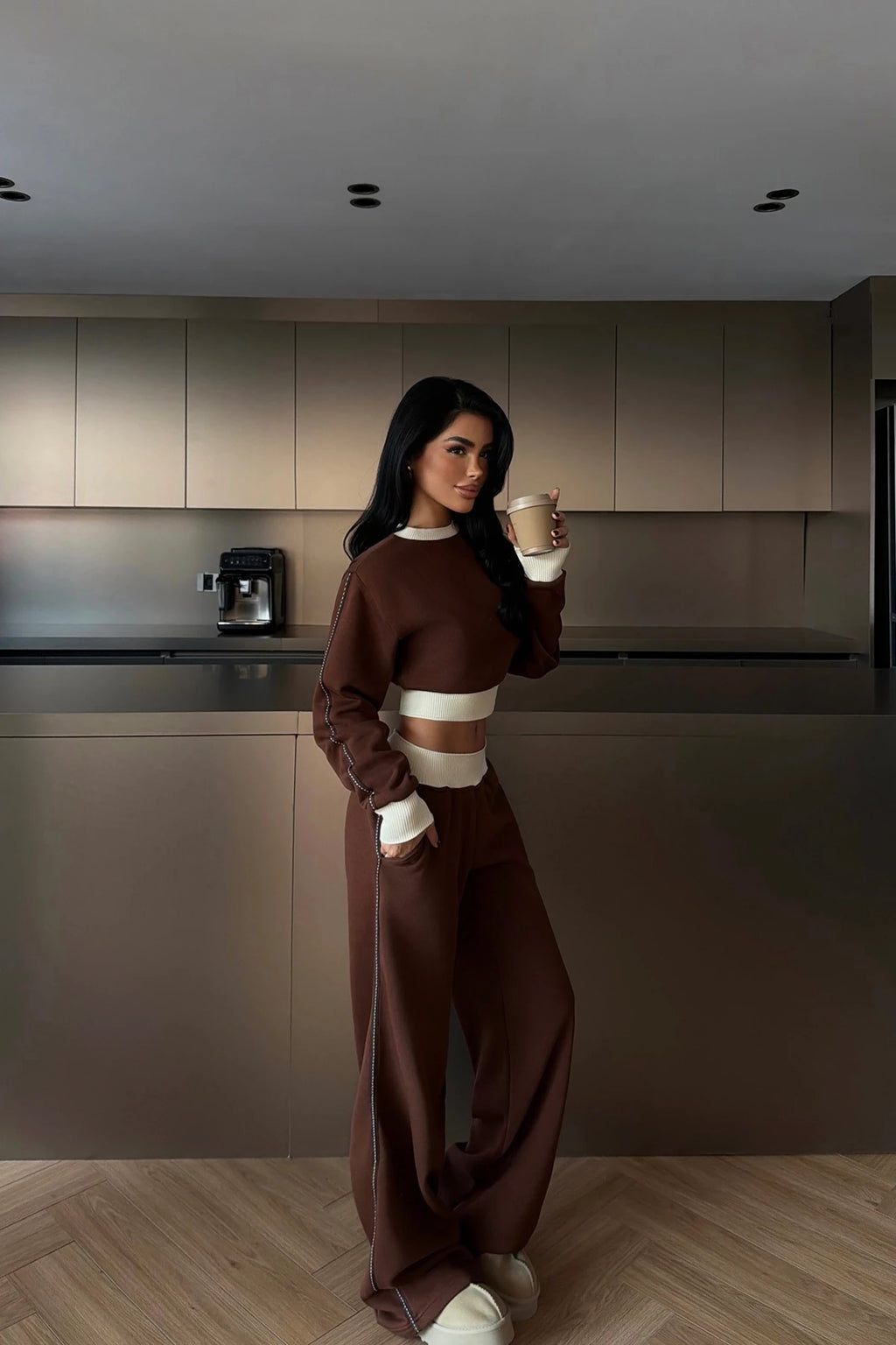 Clause Contrast Trim Fleece Tracksuit Set – Brown