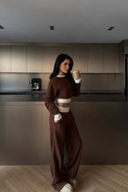 Clause Contrast Trim Fleece Tracksuit Set – Brown