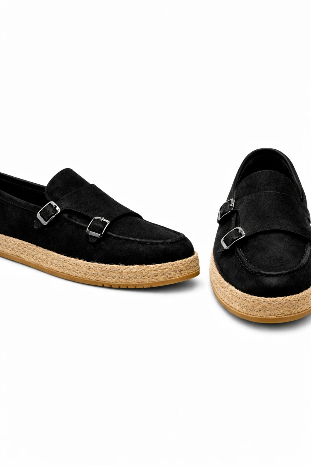 Siyah Hakiki Süet Deri Hasır Kaplama Tabanlı Double Monk Strap