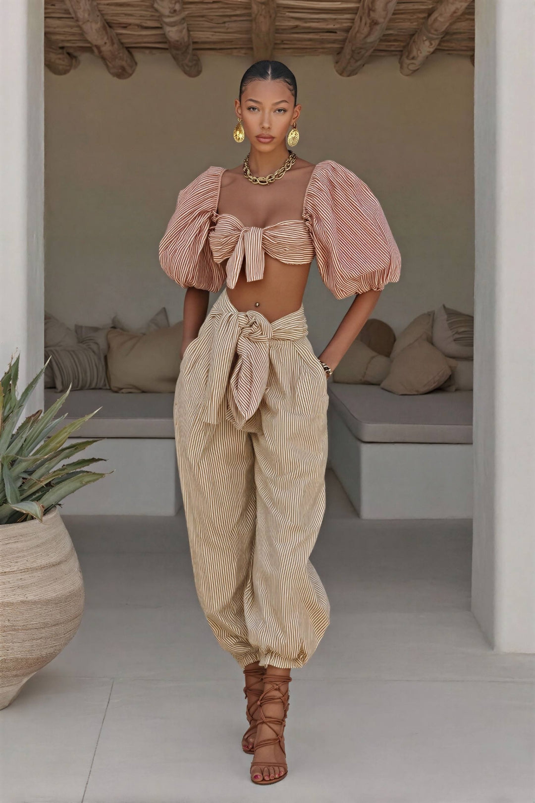 Marielle Soleil Striped Textured Two-Piece Set – Blush Beige