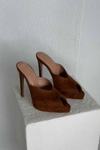 Vespera Platform Peep-Toe Mule Heels – Black Suede