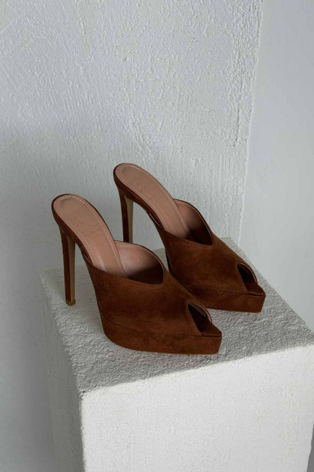 Vespera Platform Peep-Toe Mule Heels – Black Suede