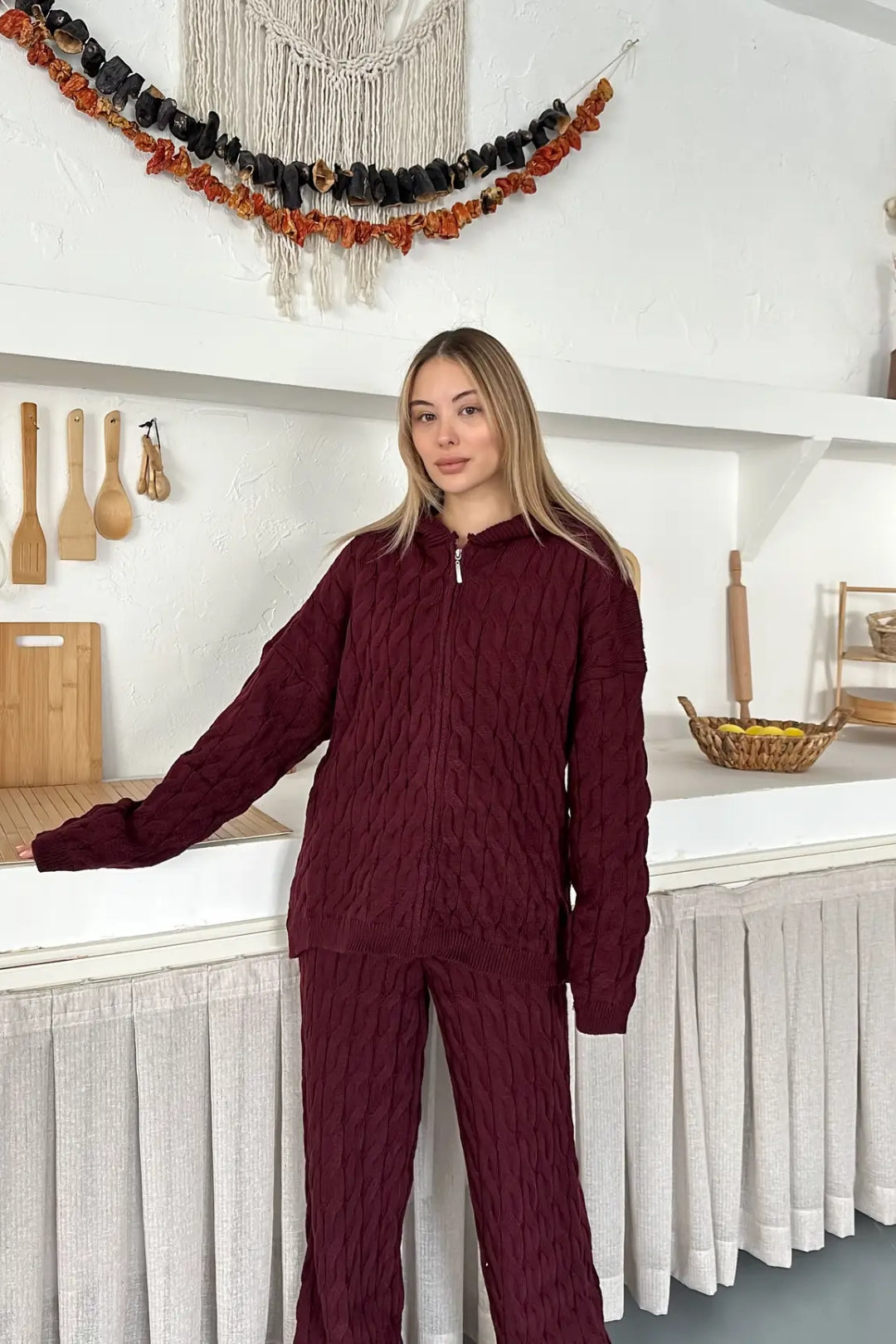 Briar Cable Knit Hooded Two-Piece Set – Light Brown