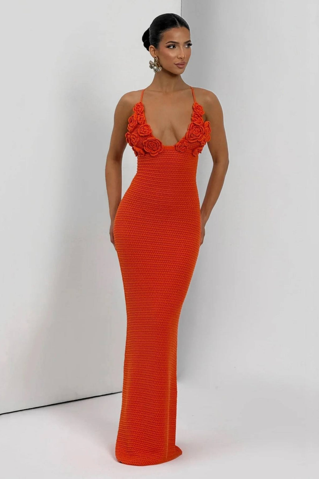 Solara Bloom Crochet Maxi Dress – Orange Floral Lace Knit