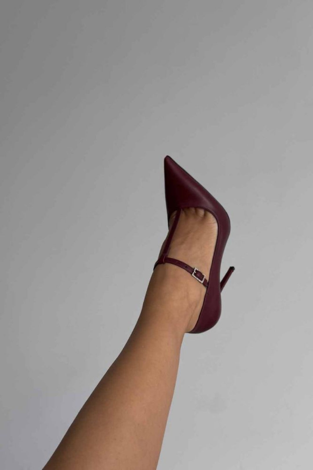 Vanessa Burgundy T-Strap Crystal Buckle Stiletto Pumps – 12 CM Heel