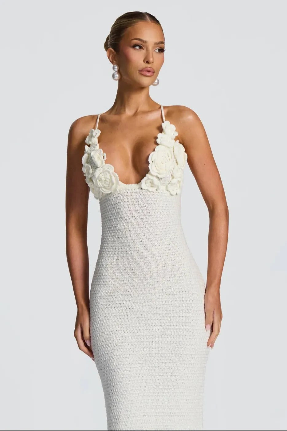 Solara Bloom Crochet Maxi Dress – White Floral Lace Knit