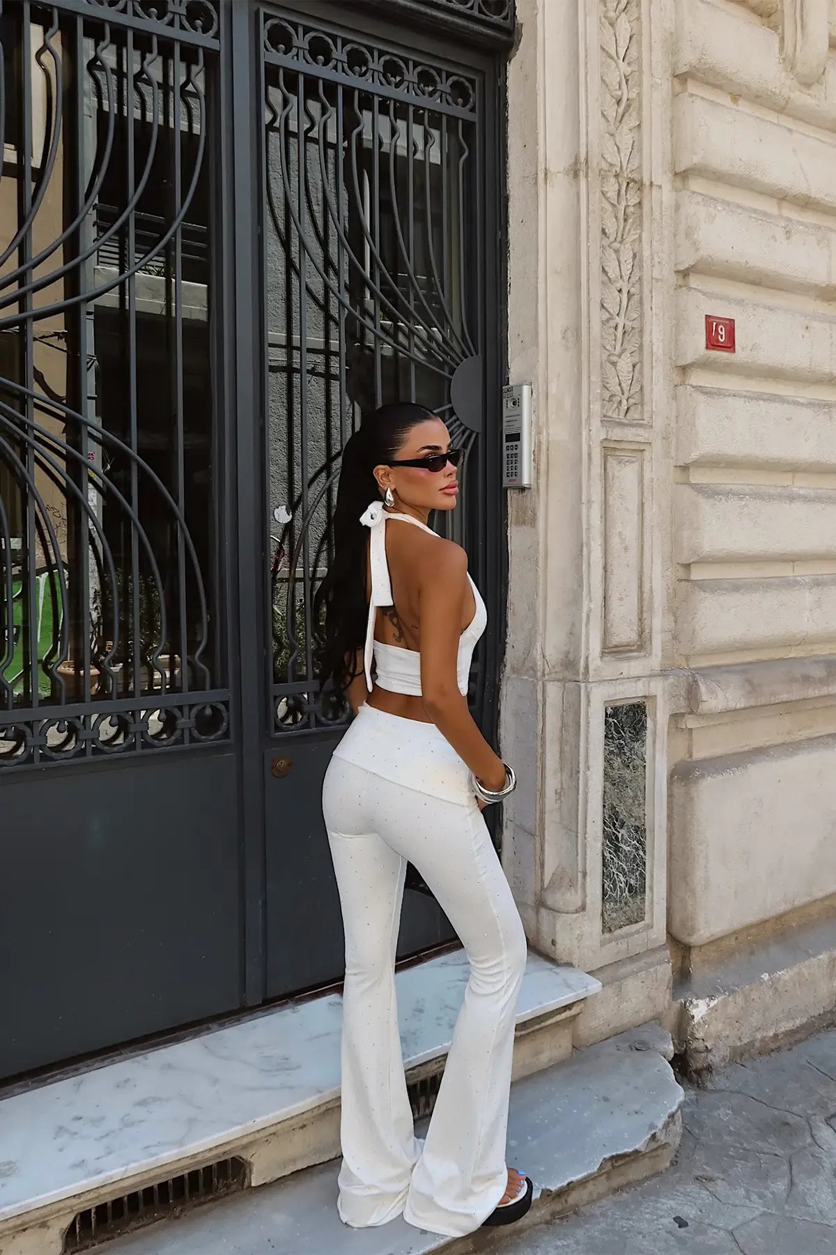 Amina Stone-Detail Flare Pants Set – White