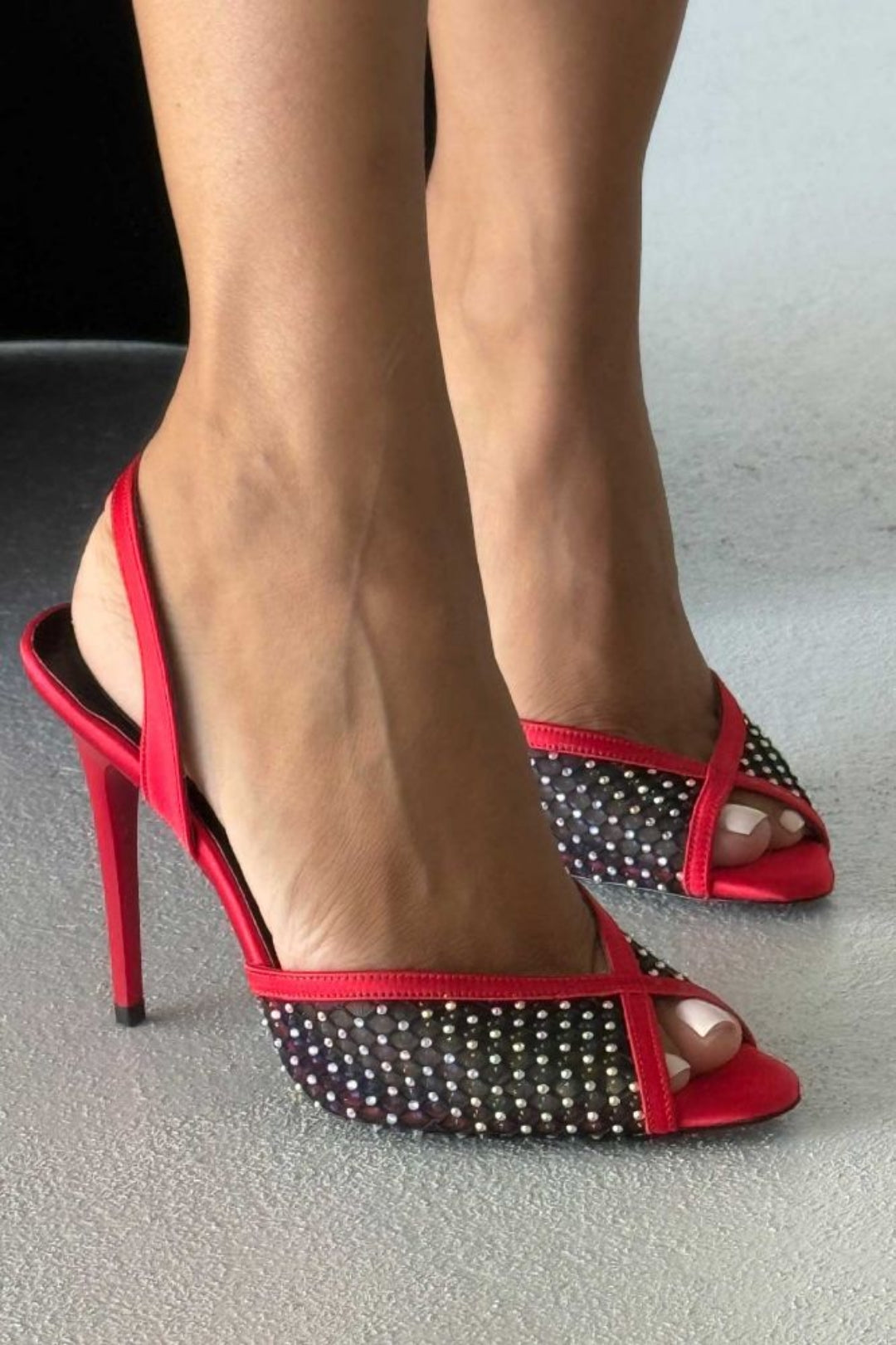 Valentina Crystal Mesh Slingback Stiletto Heels – Red Satin