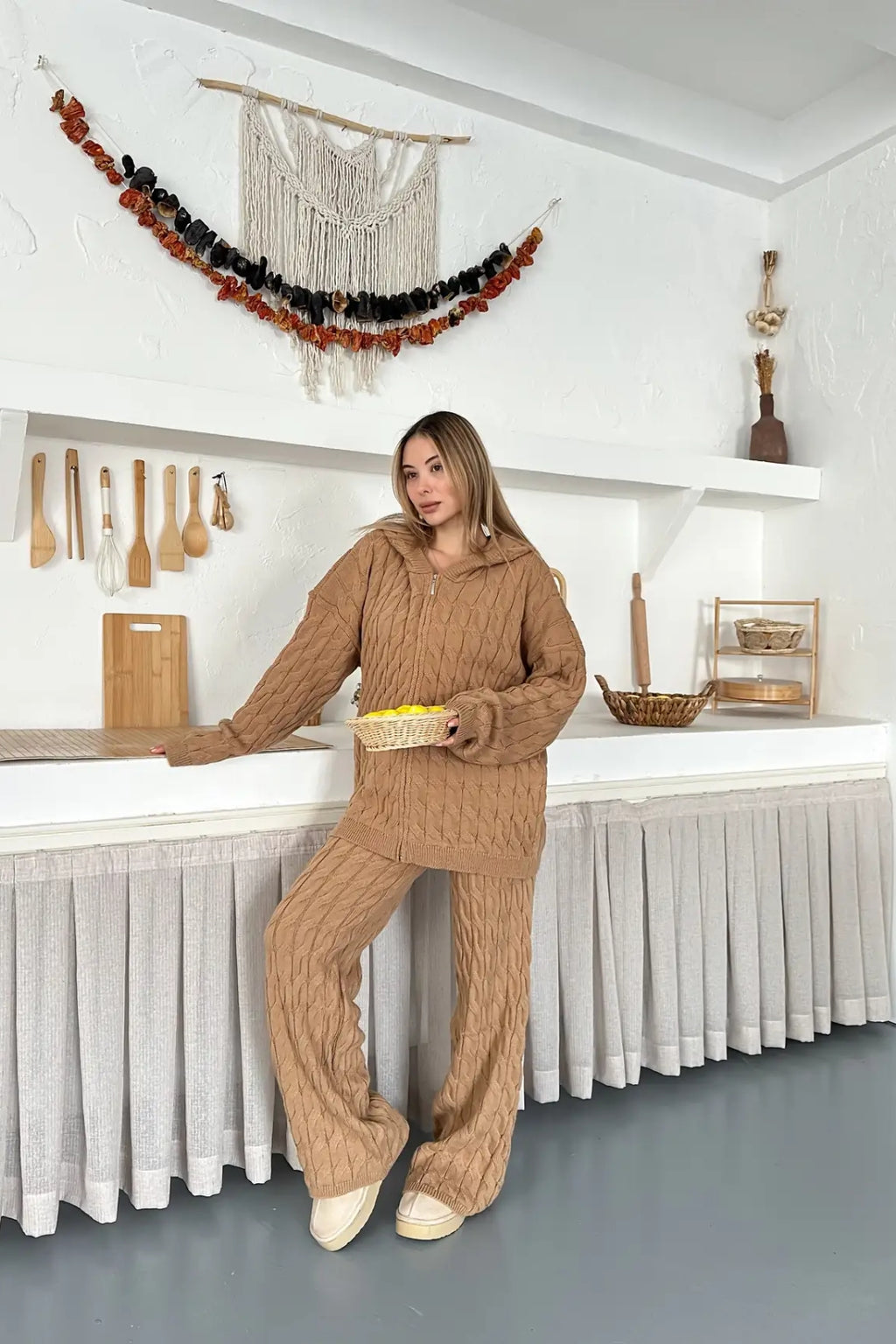 Briar Cable Knit Hooded Two-Piece Set – Light Brown