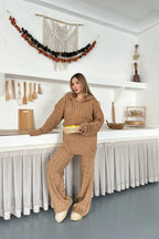 Briar Cable Knit Hooded Two-Piece Set – Light Brown