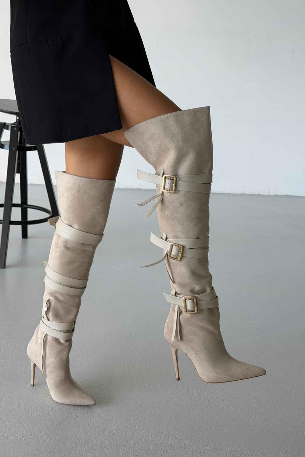 Ravelle Buckle Over-the-Knee Stiletto Boots – Tan Suede