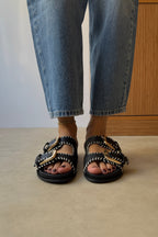 Women's Double Buckle Slippers with Contrast Stitching - Black