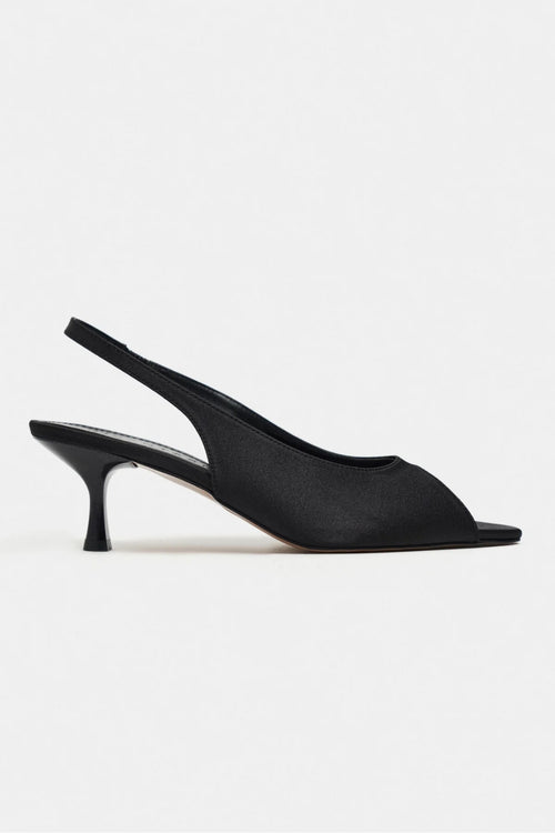 Aurelia Satin Peep-Toe Slingback Kitten Heels – Black Satin