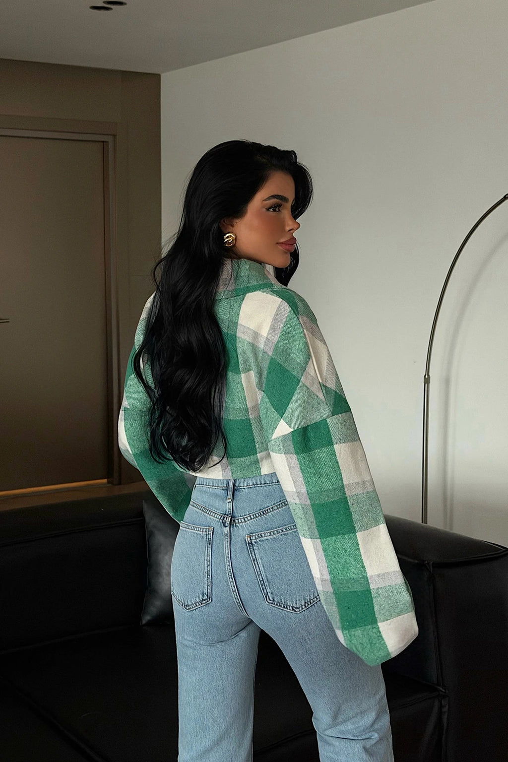 Avenelle Plaid Cropped Jacket – Green