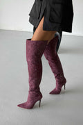 Zavielle Over-the-Knee Stiletto Boots – Crystal-Embellished Burgundy Suede