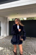 Maelis Faux Fur Trim Belted Coat – Navy