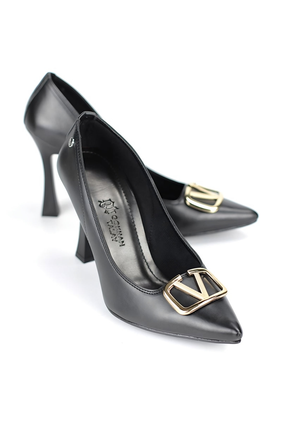 Camille Esnek Yumuşak Kaymaz Taban (10 cm) V Tokalı Kadın Topuklu Ayakkabı – Siyah Cilt